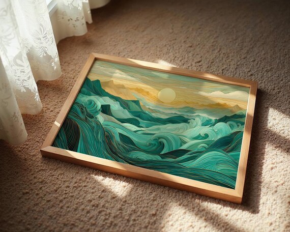Golden Horizon Over Swirling Flowing Teal Ocean Waves Art Poster