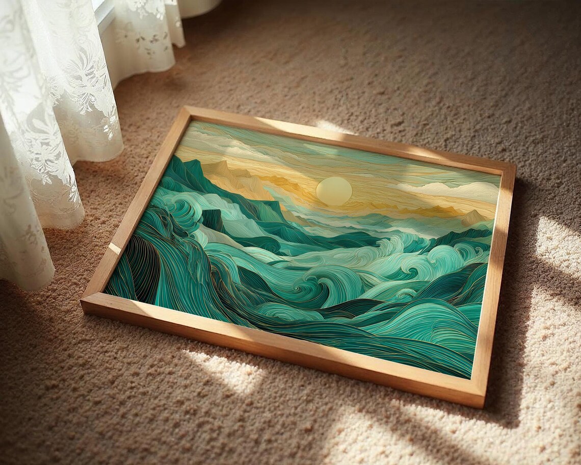 Golden Horizon Over Swirling Flowing Teal Ocean Waves Art Poster