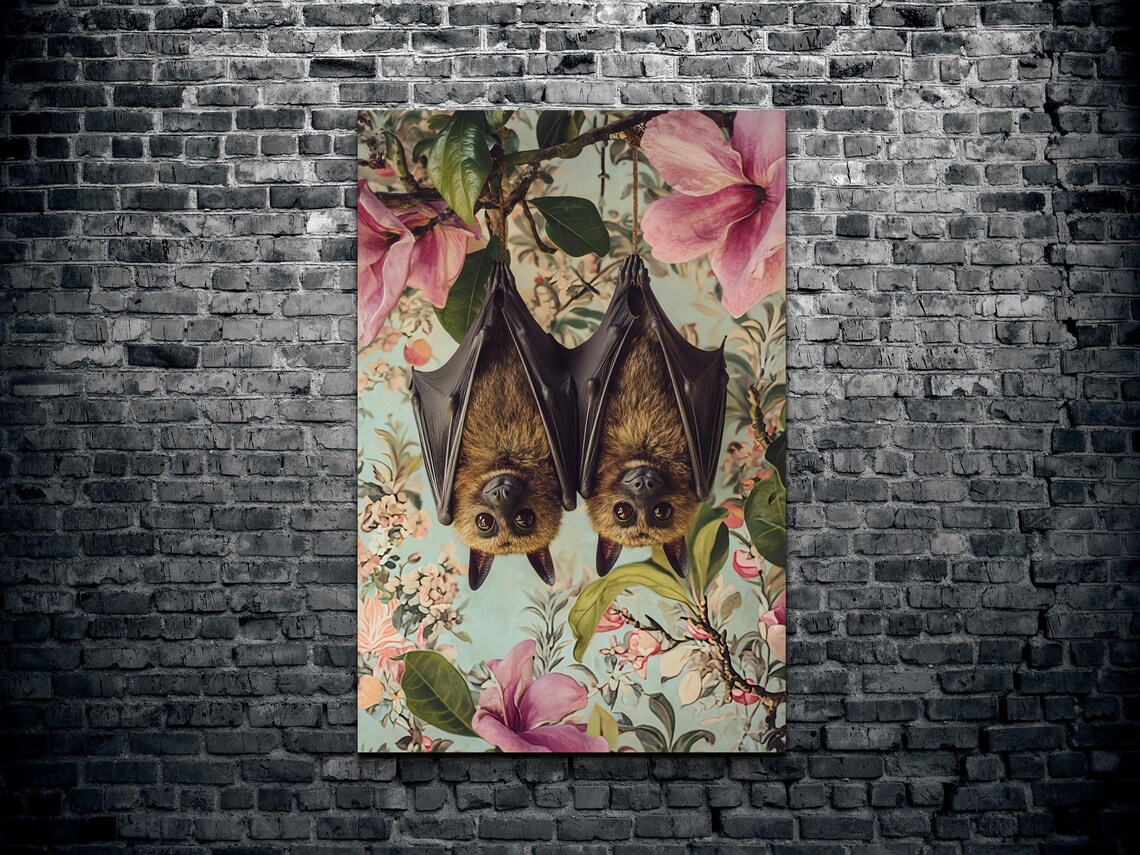 Bat Couple Hanging Upside Down Among Pink Flowers And Green Leaves Poster - Image 2