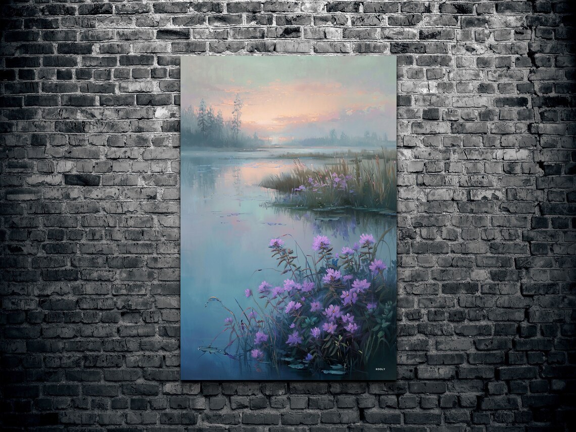 Purple Thistles At Sunrise Misty Lake Floral Landscape Poster - Image 2