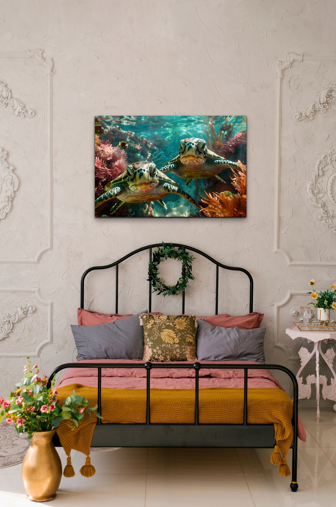 Two Sea Turtles Swimming Underwater Among Coral Reef Colors Wall Art - Image 3