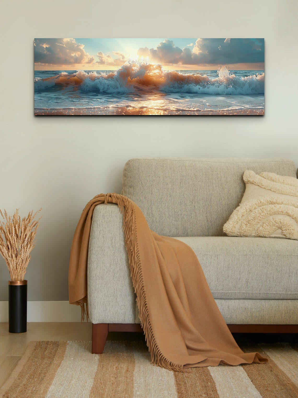 Golden Ocean Waves Breaking Sunset Surf Dramatic Seascape Wall Art - Image 6