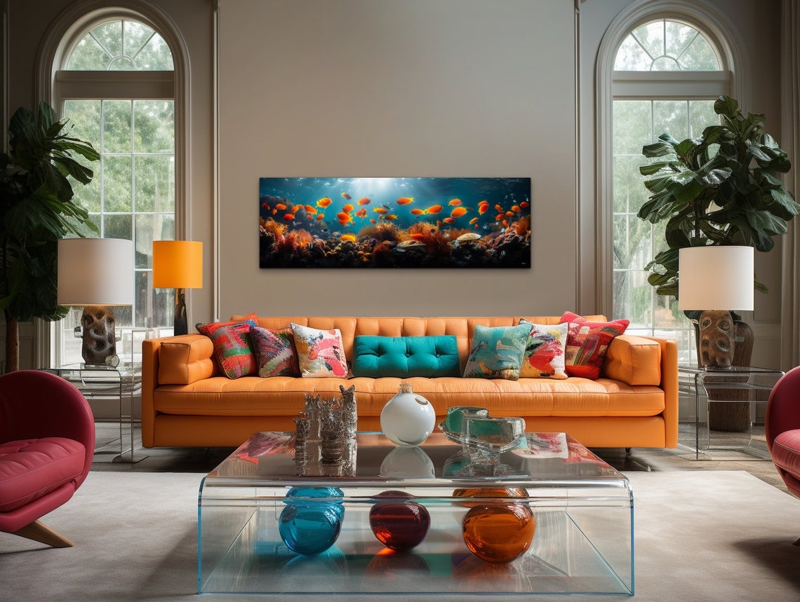 Orange Fish School Sea Turtle Coral Reef Underwater Panorama Wall Art - Image 6