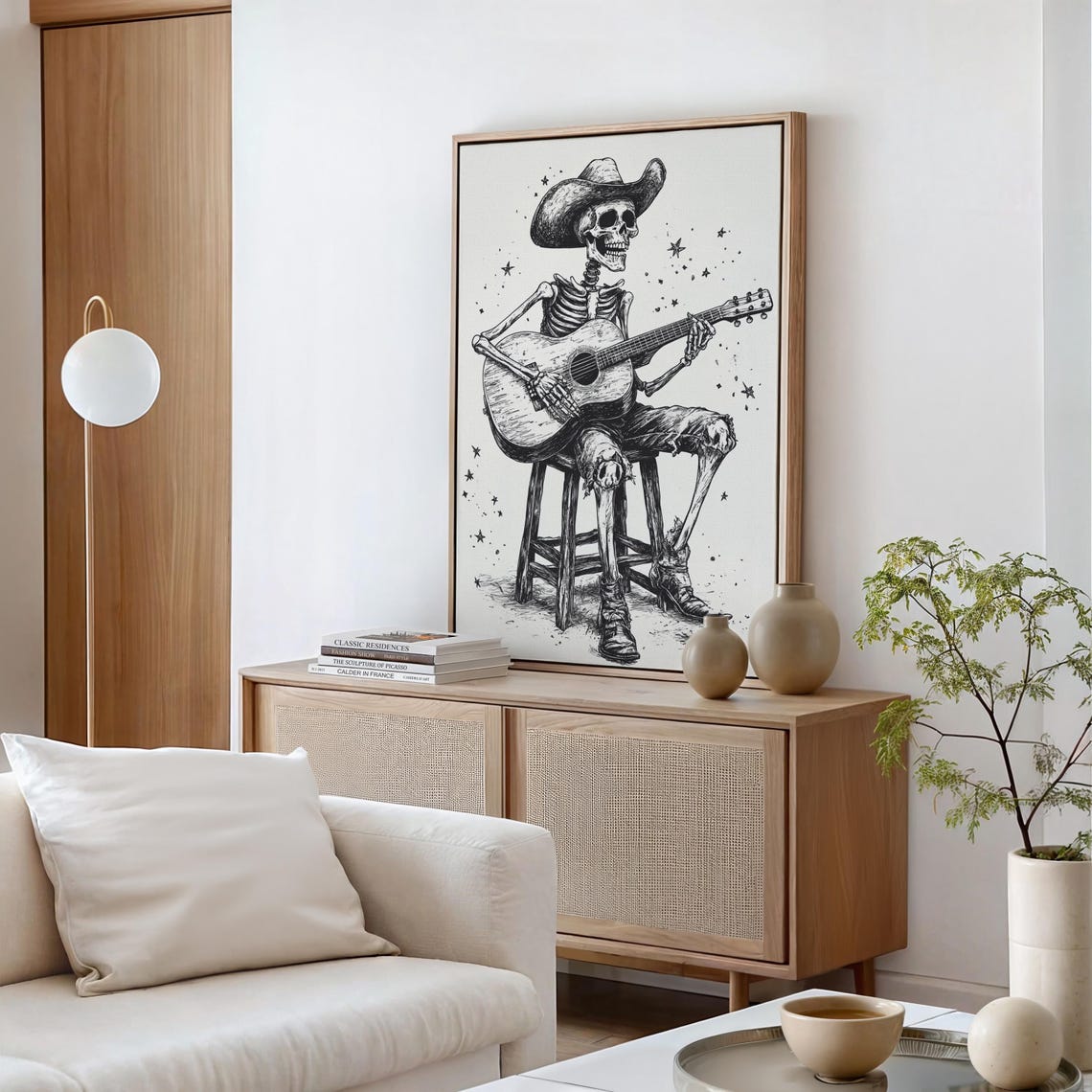 Rustic Cowboy Skeleton Playing Guitar Ink Illustration Wall Art For Western Gothic And Country Music Lovers - Image 2