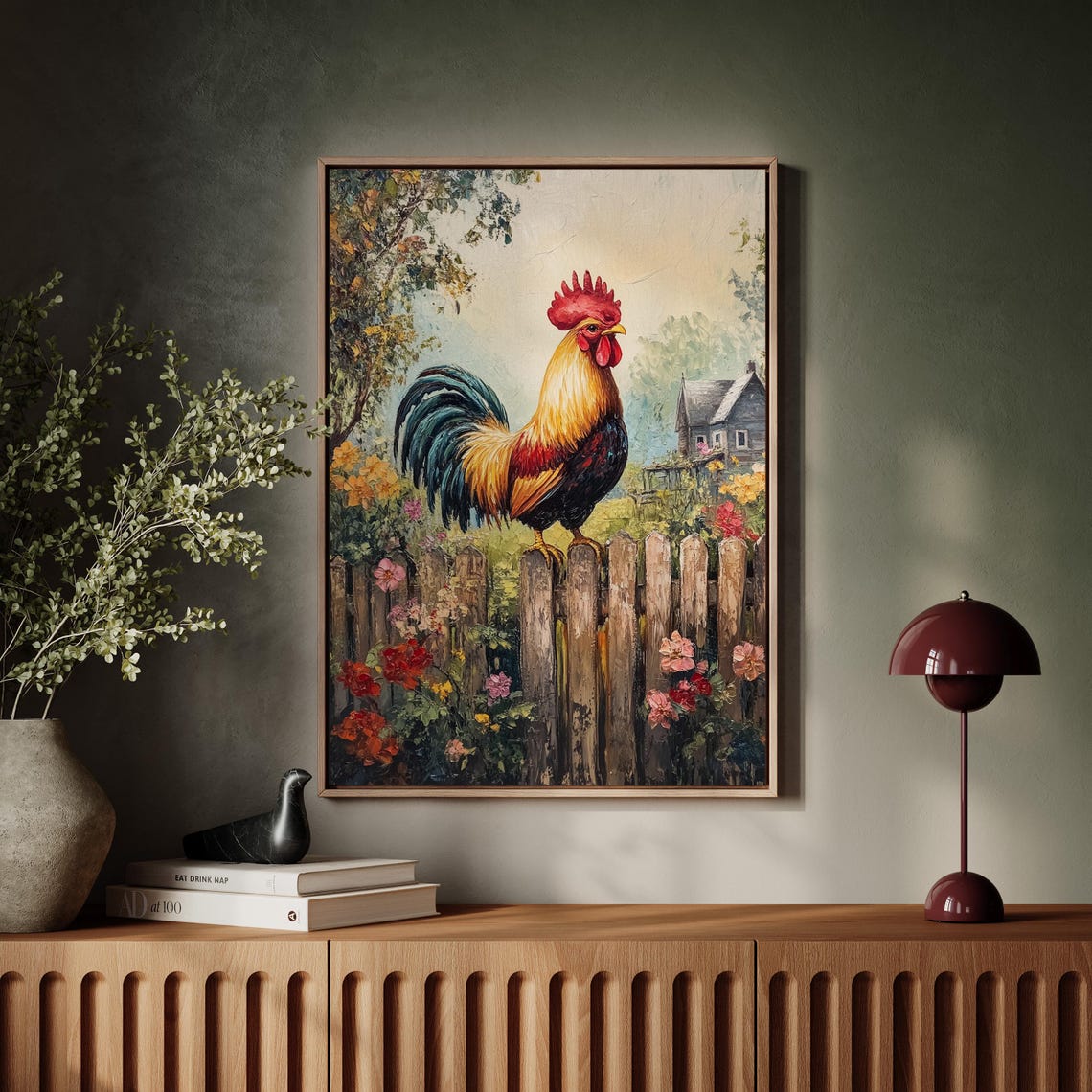 Colorful Rooster On Picket Fence Farmhouse Flower Garden Wall Art - Image 6