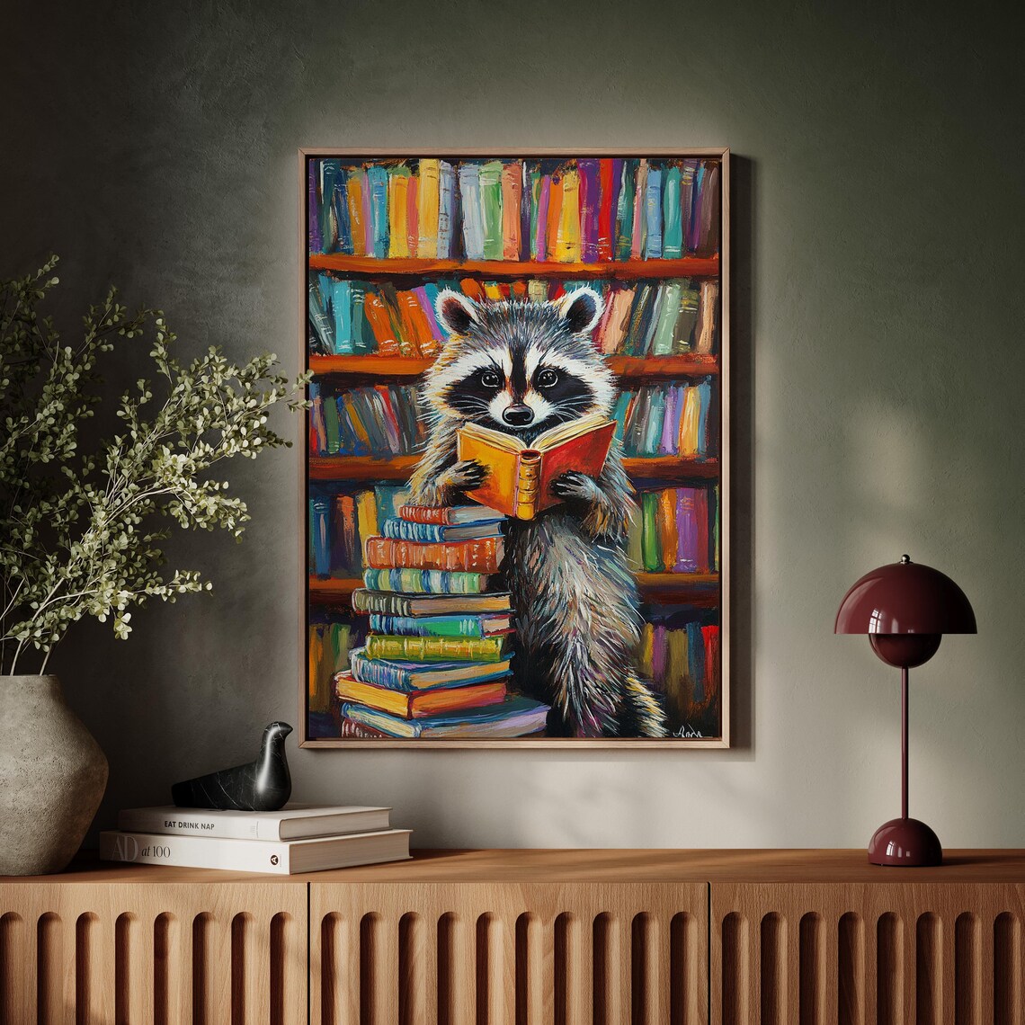 Whimsical Reading Raccoon Library Art Print - Image 6