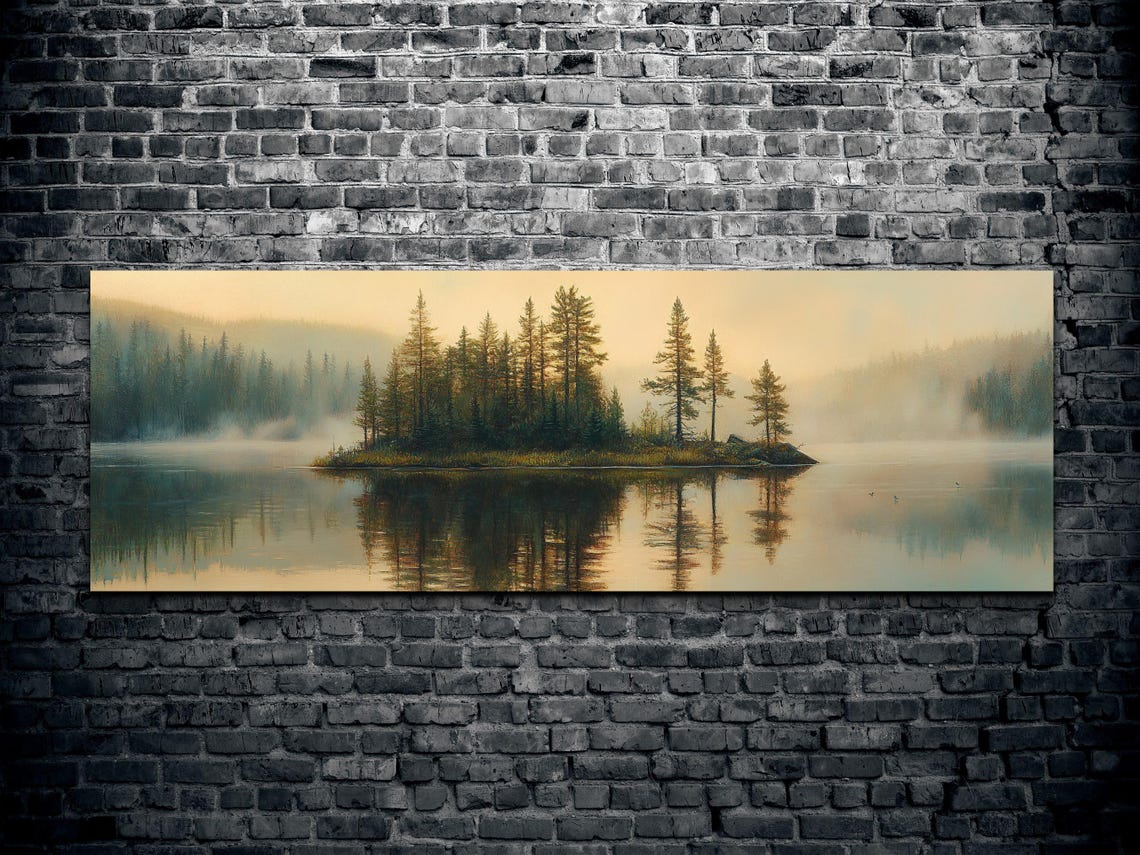 Foggy Wooded Lake Island Misty Dawn Serene Panoramic Art Poster - Image 2