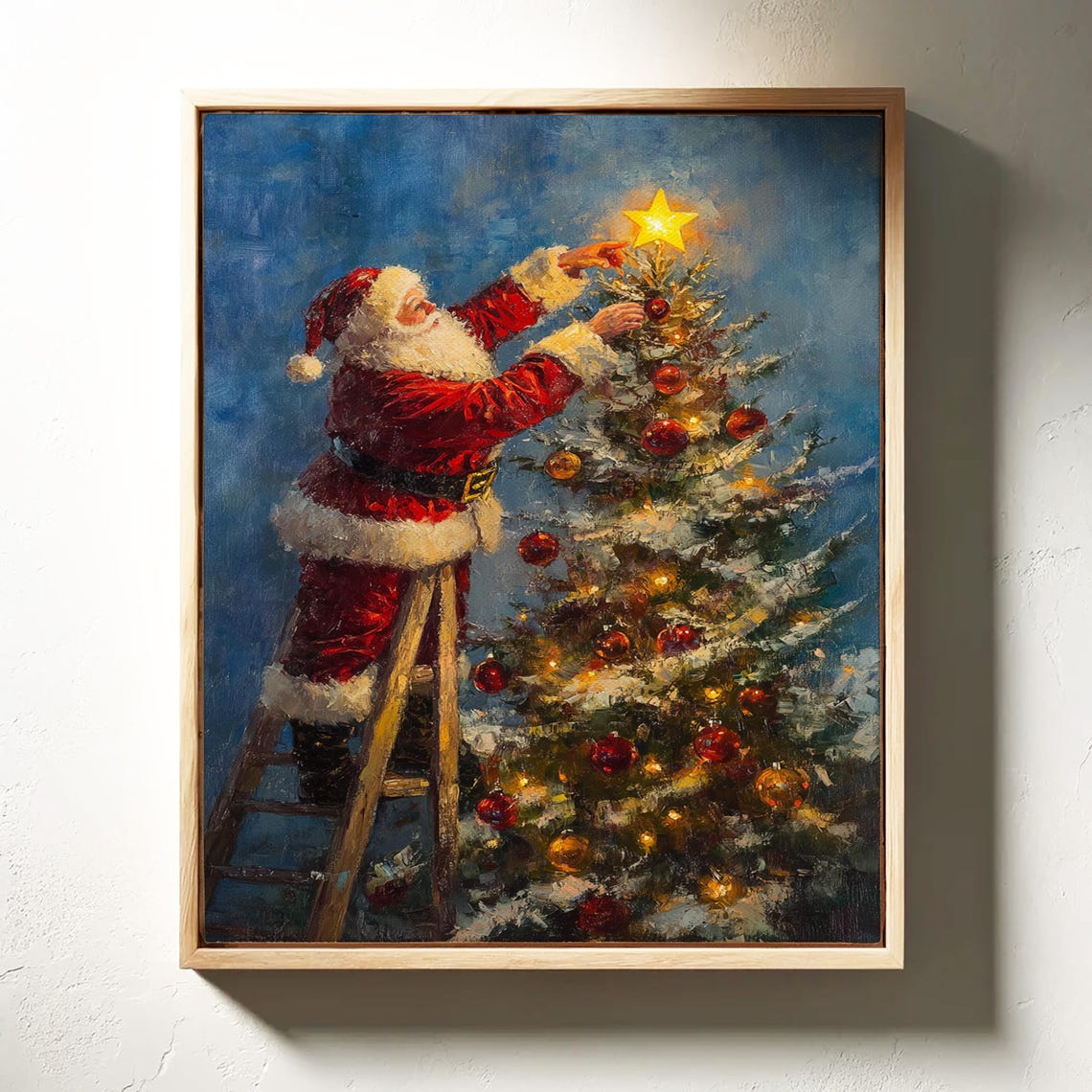 Santa Claus Placing Star On Christmas Tree Night Holiday Scene Poster - Image 5