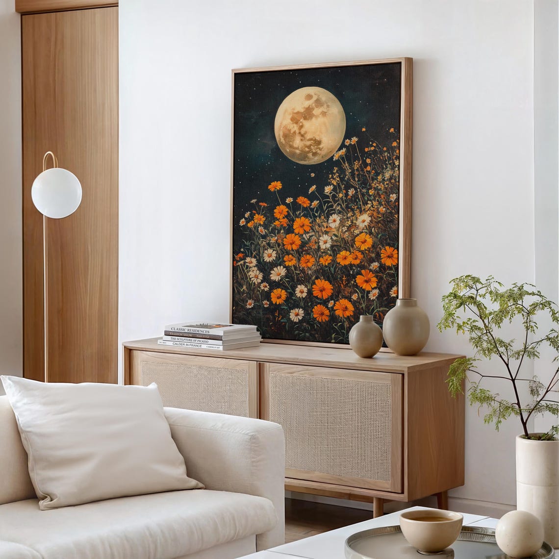 Full Moon Rising Over Wildflower Meadow Orange Blossoms Night Poster - Image 4