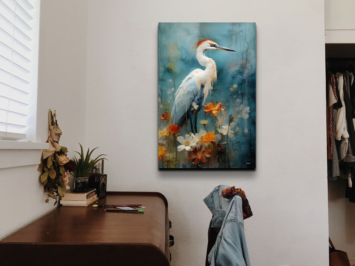White Heron Among Orange Flowers Watercolor Bird Artwork Poster - Image 5