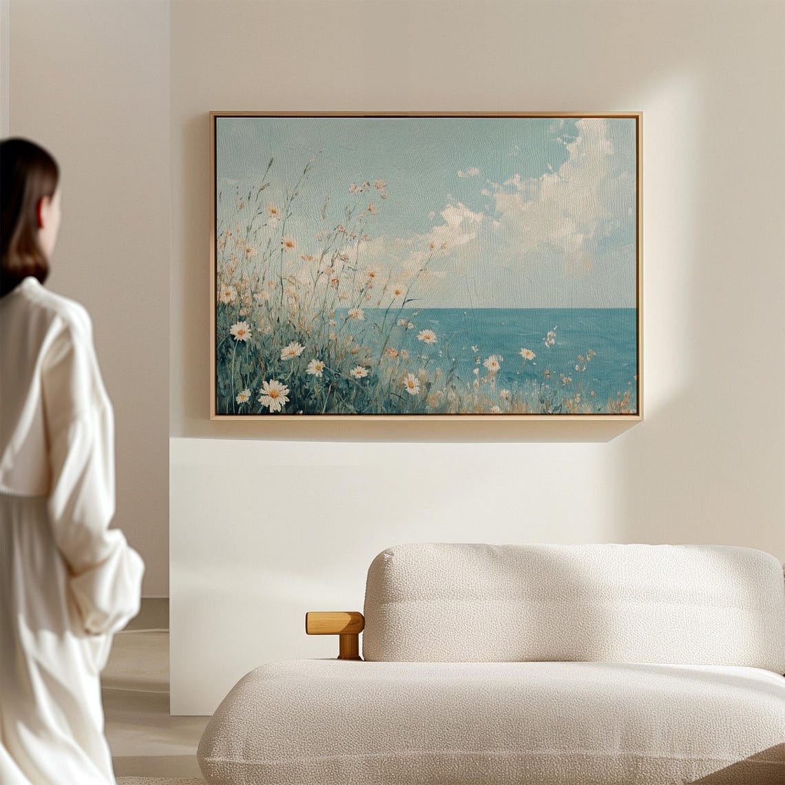 White Daisies on Coastal Cliff Azure Ocean Sky Floral Painting Poster - Image 7
