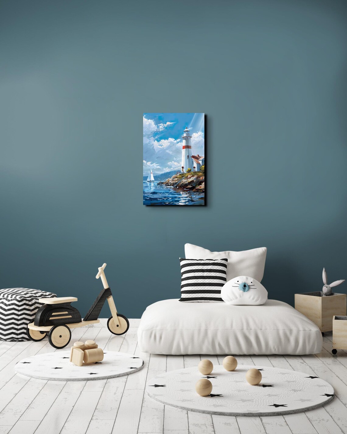 White Lighthouse With Red Band Rocky Shore Ocean Painting Poster - Image 3