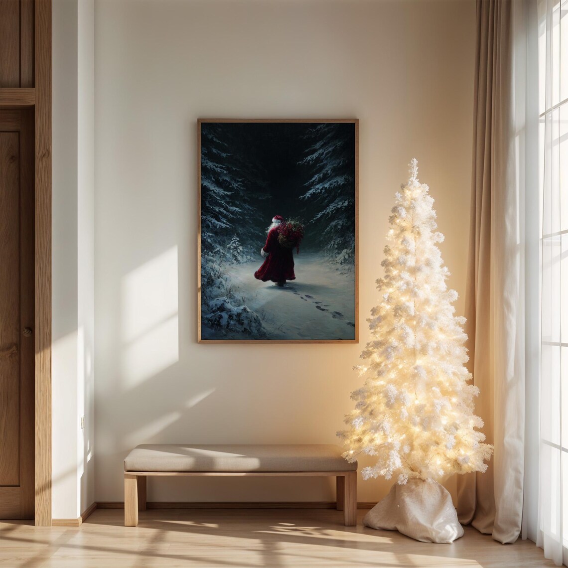 Santa Walking Through Snowy Forest Carrying Basket Night Poster