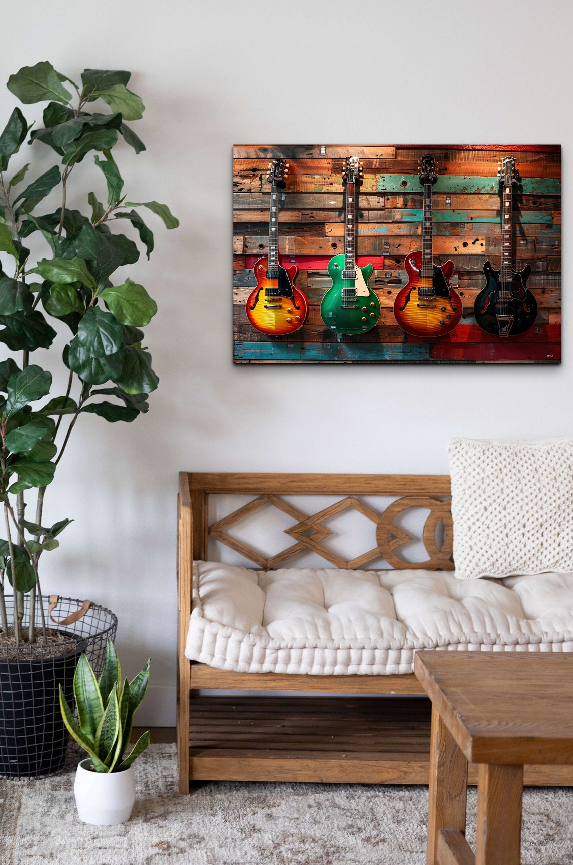 Colorful Electric Guitars On Rustic Wood Planks Music Room Wall Art - Image 6
