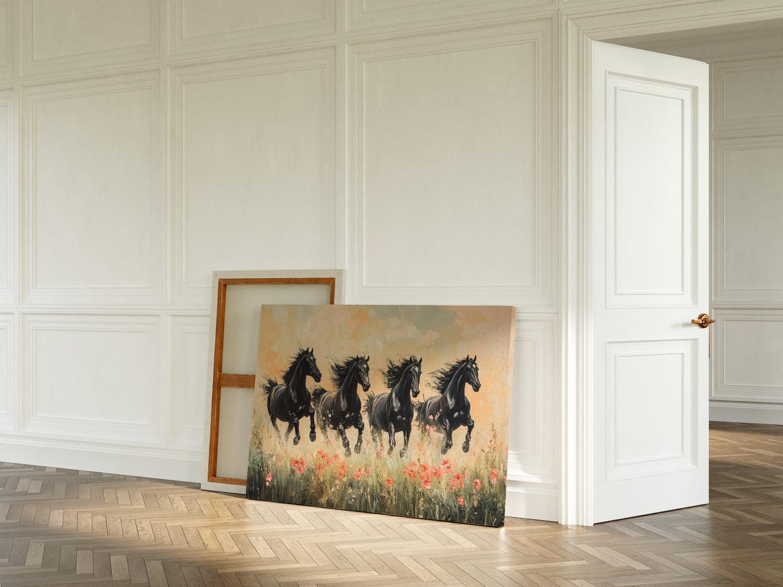 Four Black Stallions Galloping Through Wildflower Meadow Poster - Image 3