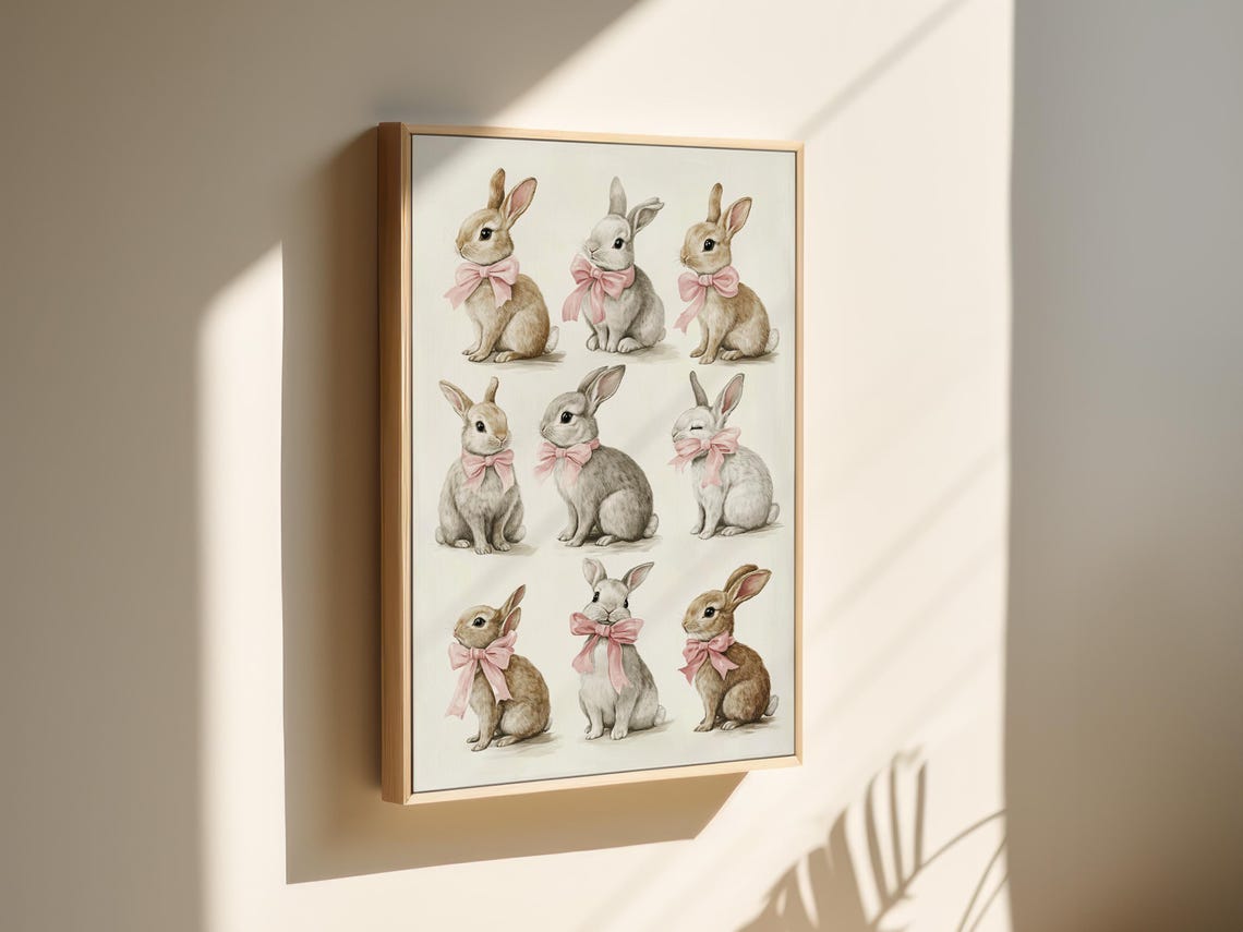 Nine Cute Bunnies With Pink Bows Watercolor Grid Nursery Poster - Image 7
