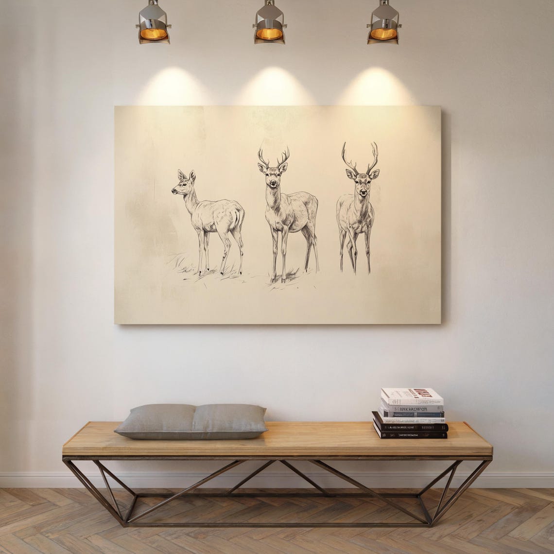 Minimalist Ink Sketch of Three Deer on Warm Linen Art Poster - Image 6