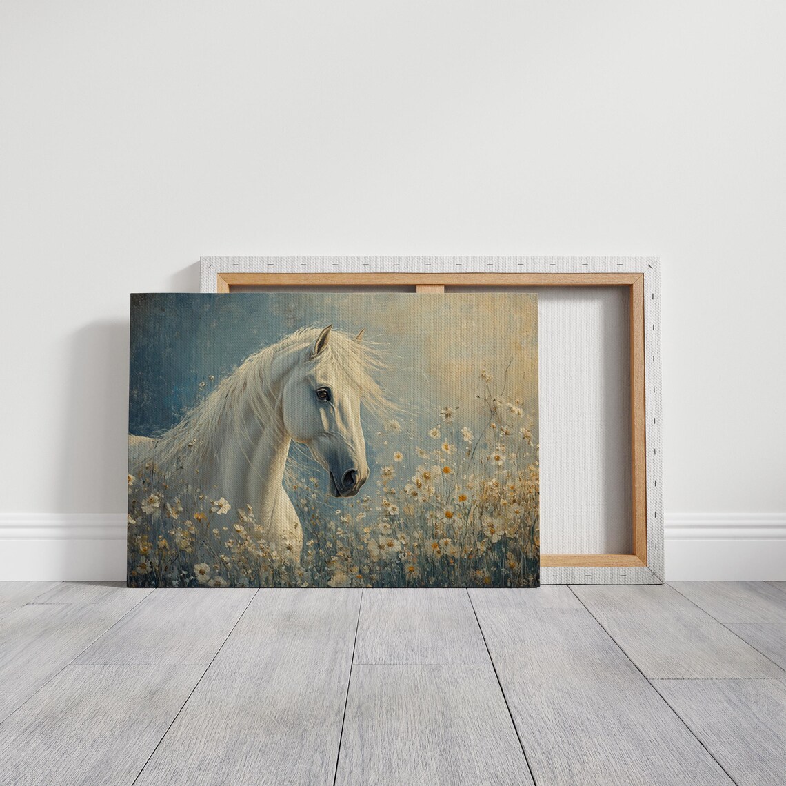 White Horse Daisy Meadow Portrait Elegant Equine Fine Art Print - Image 7