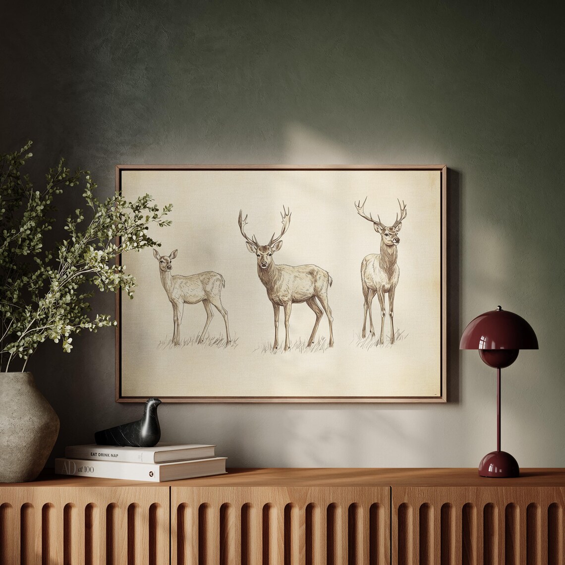 Vintage Sepia Sketch of Three Deer on Aged Paper Wildlife Art Poster - Image 5
