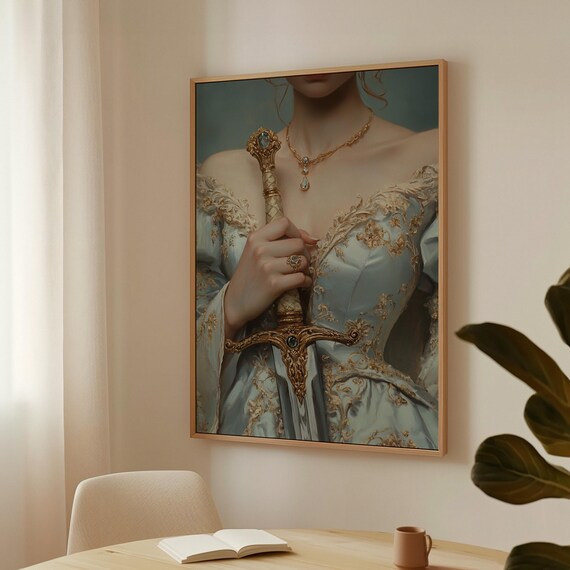 Elegant Woman in Blue Dress Holding Jeweled Sword Close Up Poster