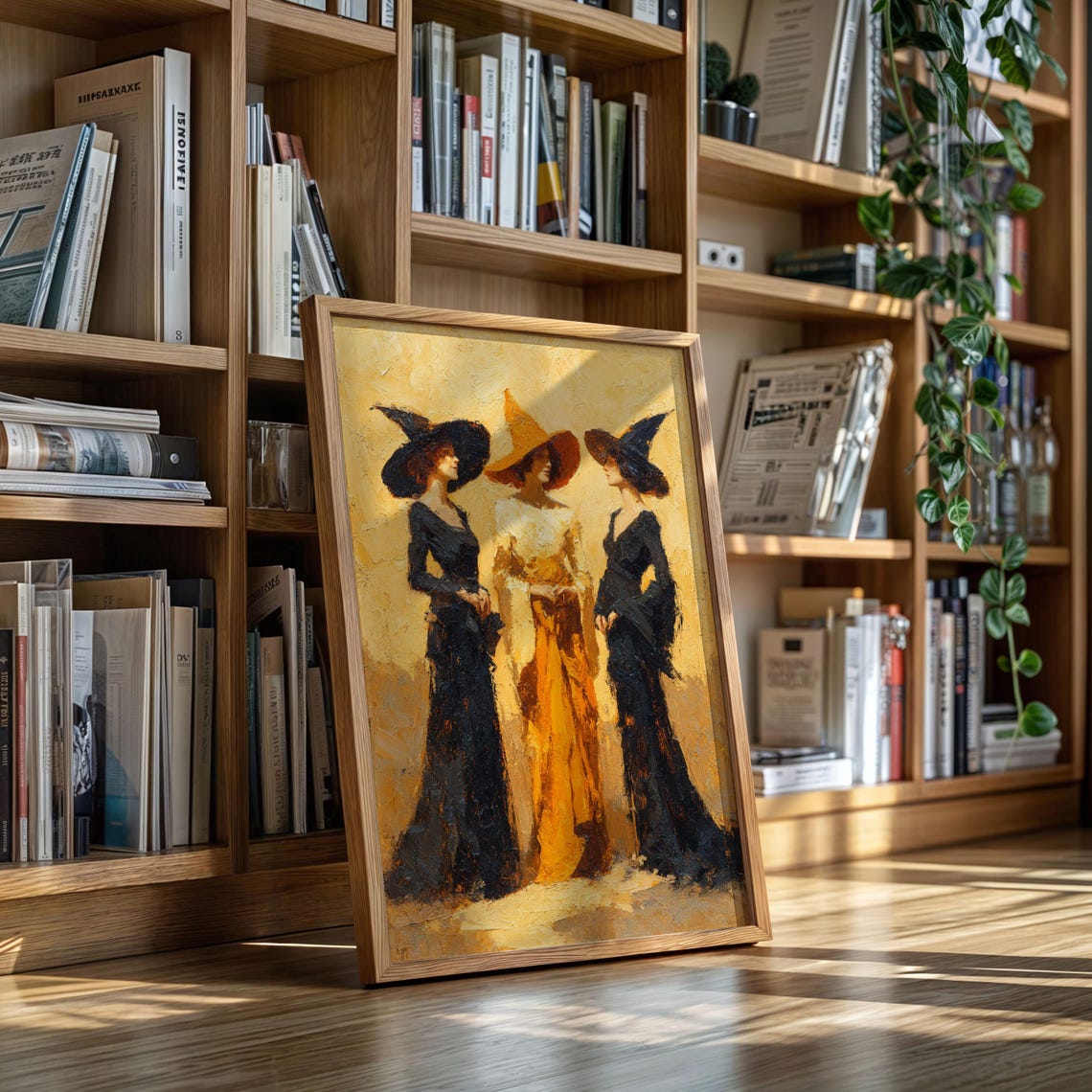 Three Witches in Vintage Gowns Black and Orange Halloween Art Poster