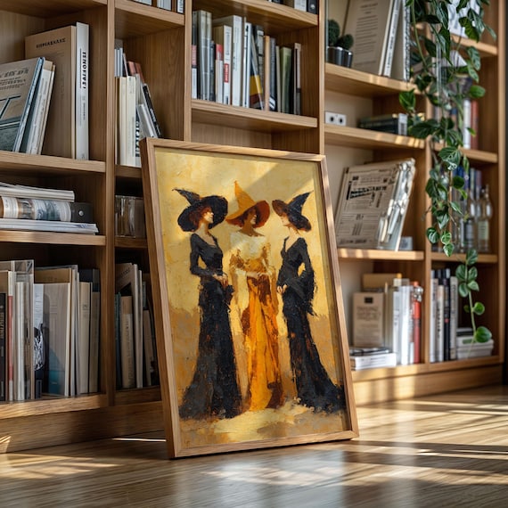 Three Witches in Vintage Gowns Black and Orange Halloween Art Poster