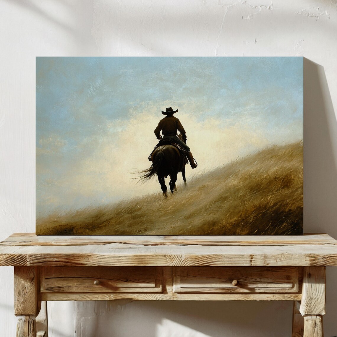 Cowboy Riding Horse Up Grassy Hill Misty Western Morning Art Poster