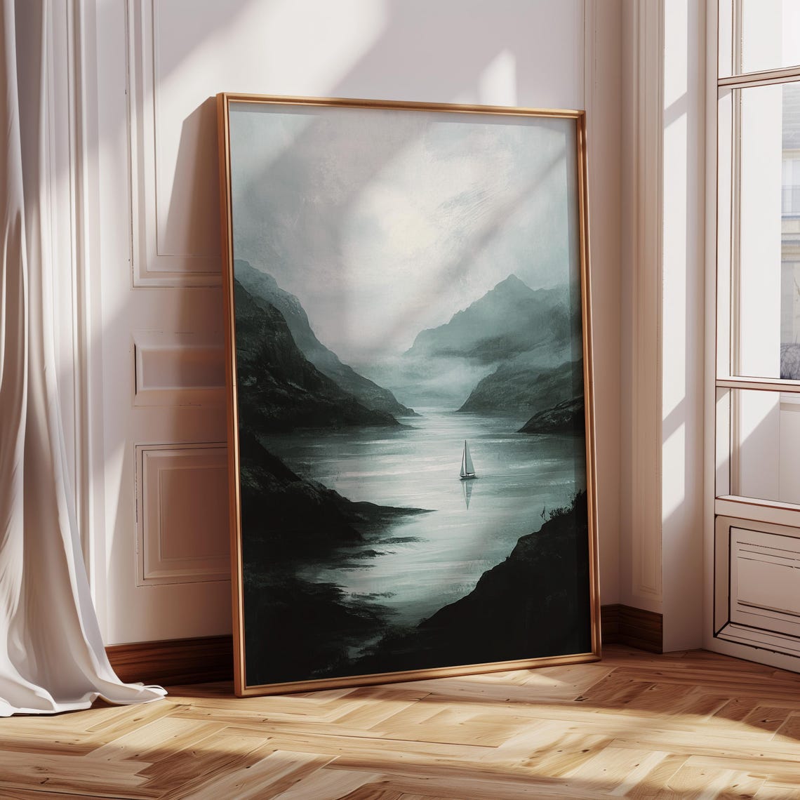 Moody Mountain Lake With Sailboat Misty Minimalist Landscape Wall Art Serene Nature Poster For Calm Rustic Decorv - Image 4
