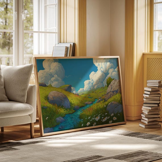Colorful Meadow Stream Canvas Wall Art Bright Nature Landscape Painting With Wildflowers Rocks And Clouds Vibrant Spring Home Decor