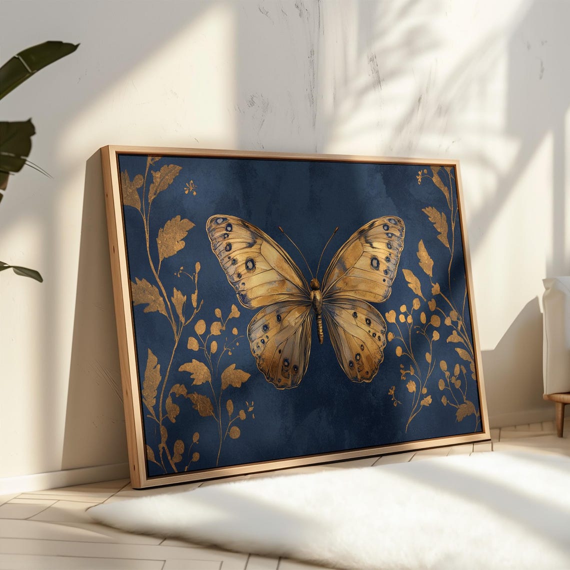 Golden Butterfly Navy Botanical Vintage Elegant Wall Decor Poster - Image 2