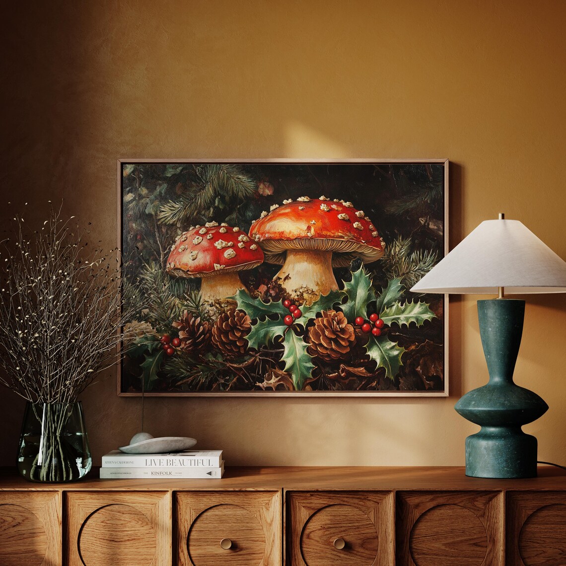 Red Fly Agaric Mushrooms Holly Berries Pinecones Dark Woodland Poster - Image 7