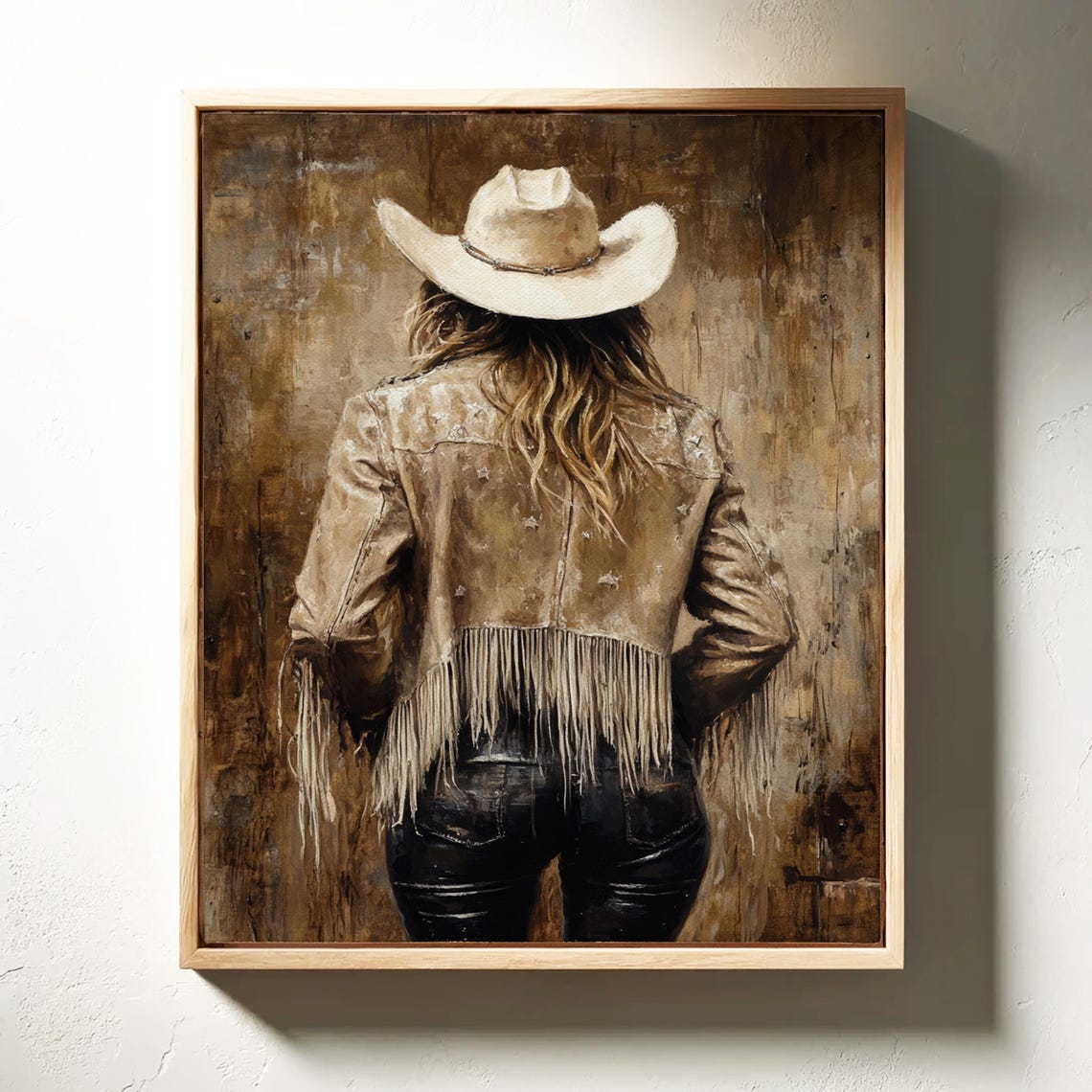 Cowgirl Back View in Tan Fringe Jacket Western Rustic Poster - Image 2