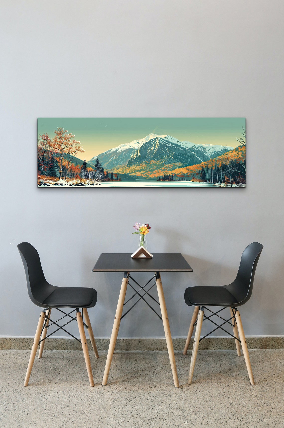 Snowy Mountain Peak Over Calm Lake Autumn Forest Panorama Wall Art - Image 6
