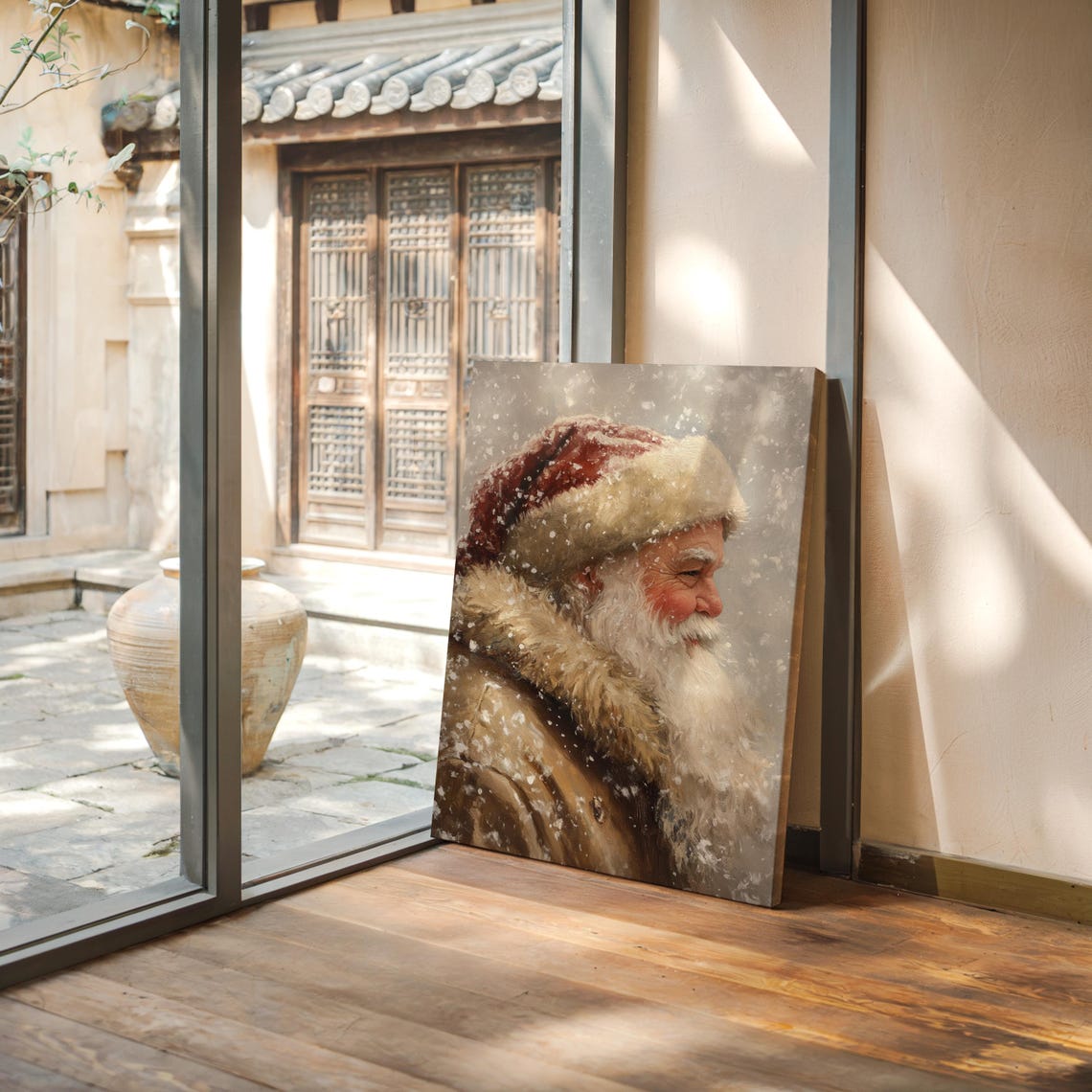 Santa Claus Profile In Falling Snow Vintage Holiday Portrait Wall Art - Image 3