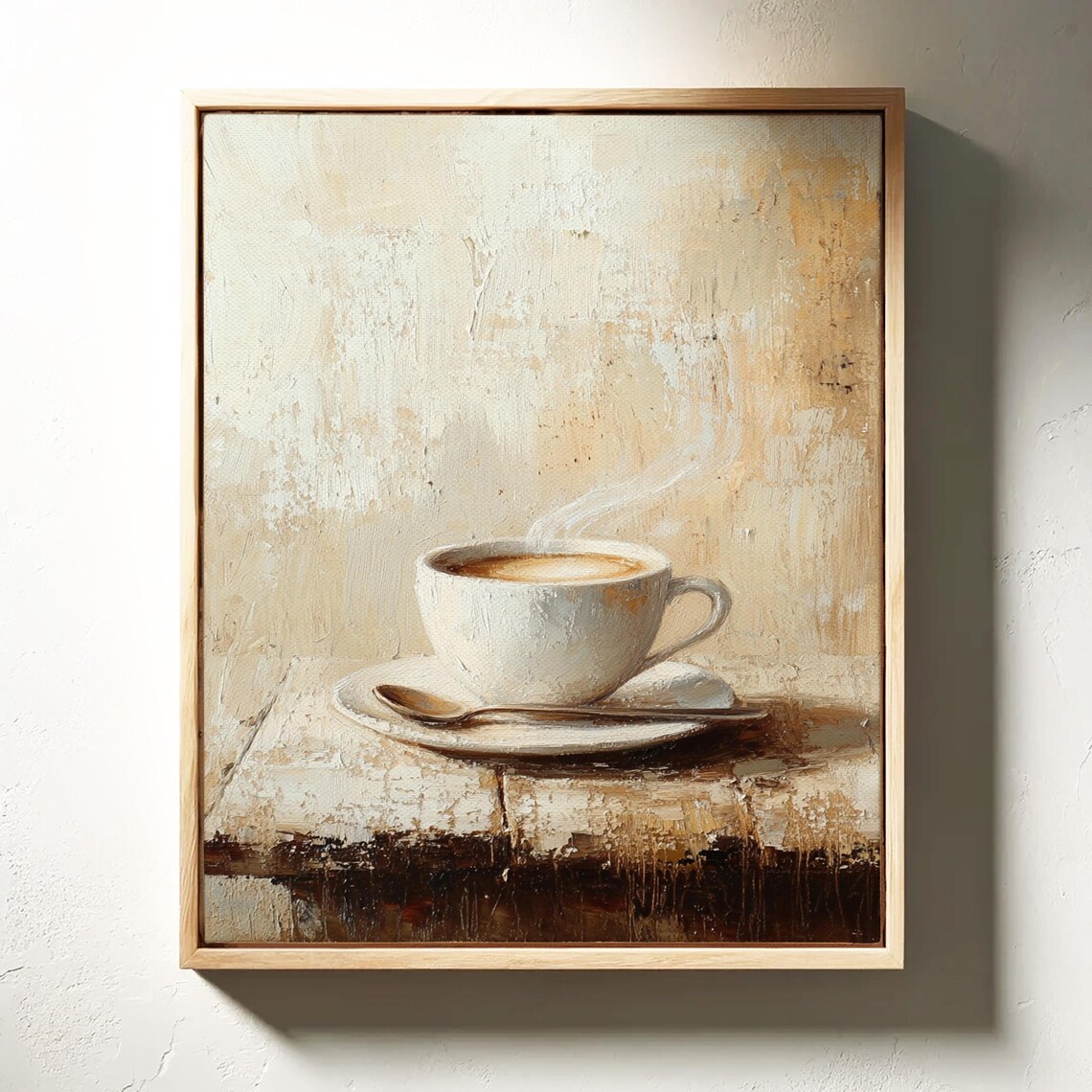 Steaming Coffee Cup Minimalist Beige Still Life Painting Wall Art - Image 5