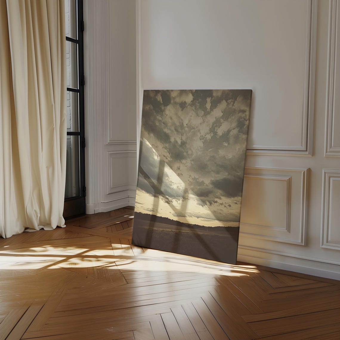 Dramatic Vintage Sky With Billowing Clouds Over Dark Open Field Poster - Image 2