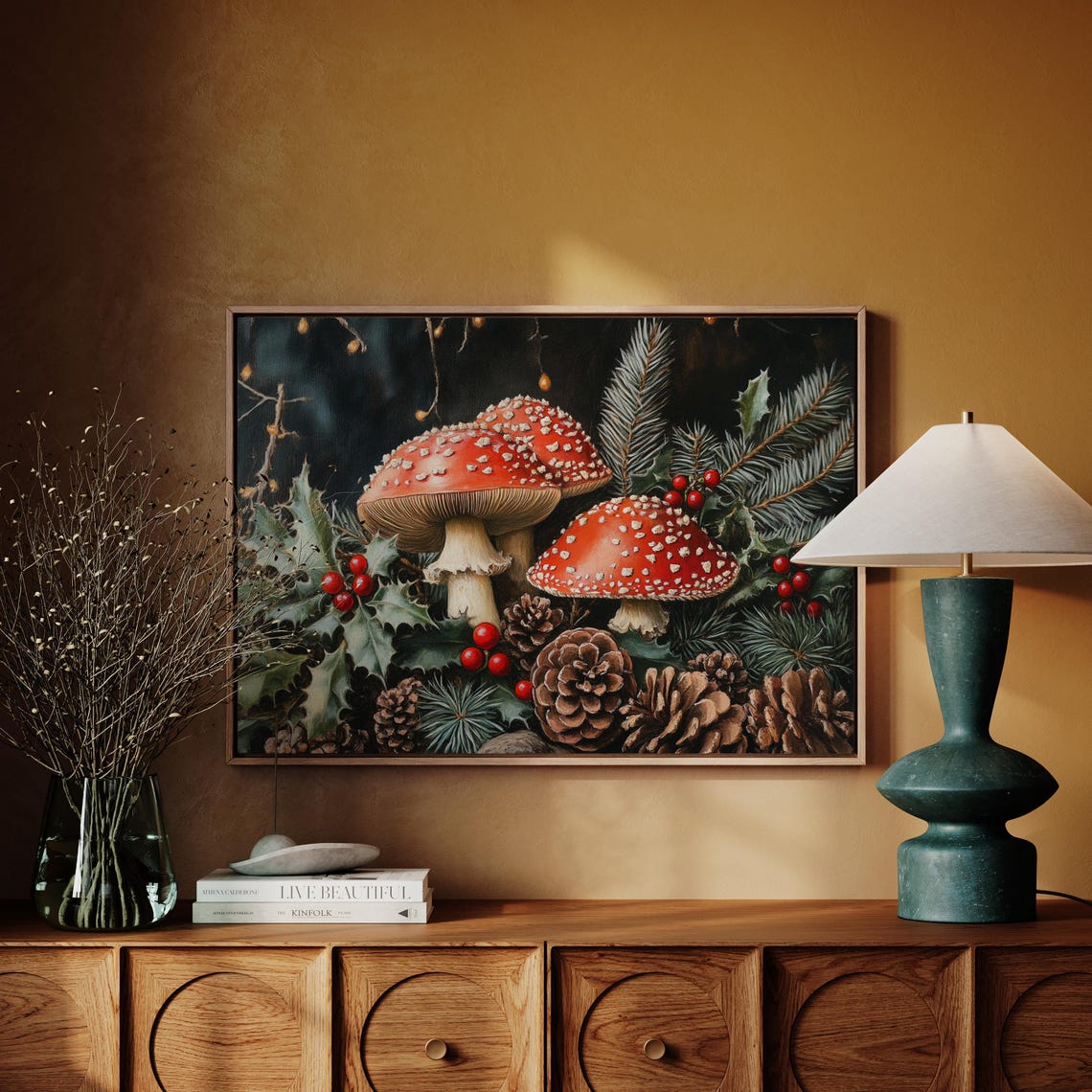 Red Amanita Mushrooms With Holly Pinecones Woodland Holiday Poster - Image 5