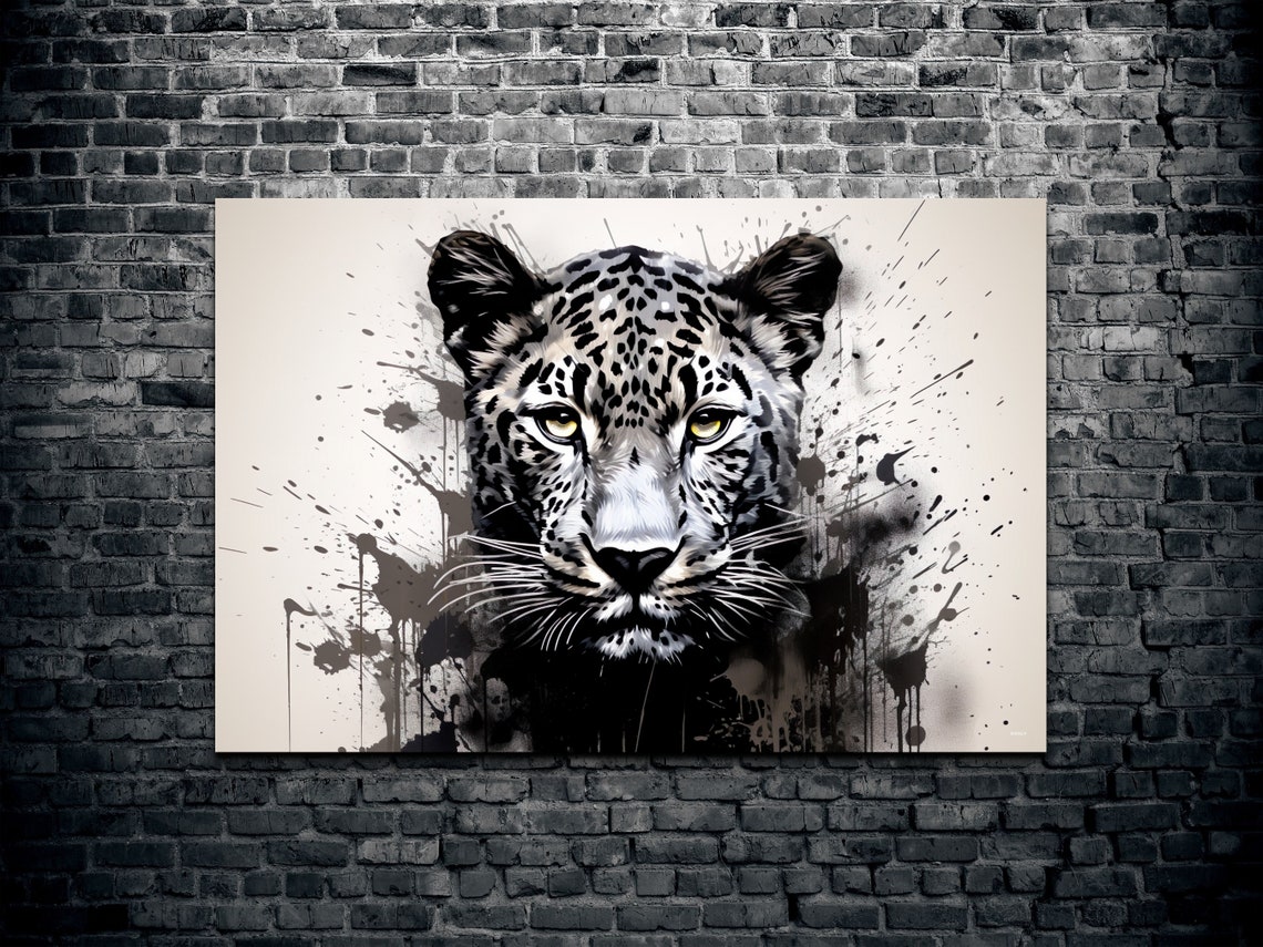 Leopard Portrait in Dramatic Black and White Splash Paint Style Poster - Image 2
