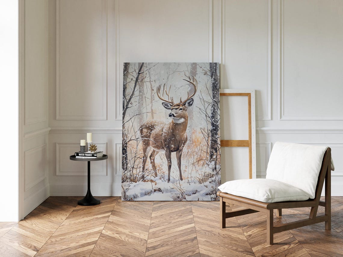 Majestic Buck In Snowy Forest Canvas Art Winter Wildlife Scene Rustic Cabin Deer Wall Decor For Nature Lovers