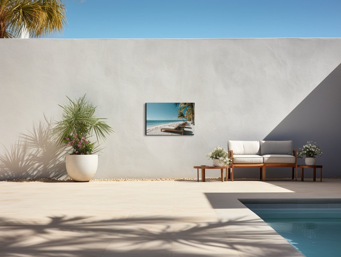 Tropical Beach Palm Trees Lounge Chairs Sunny Shore Wall Art - Image 6