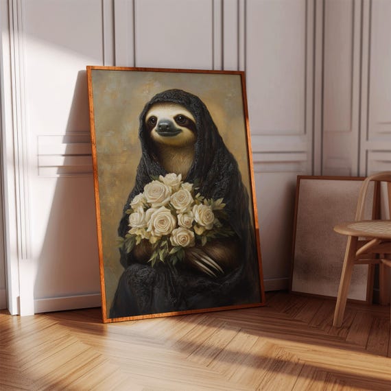 Victorian Sloth Wall Art Whimsical Animal Portrait In Black Lace With White Rose Bouquet Gothic Vintage Canvas For Unique Decor