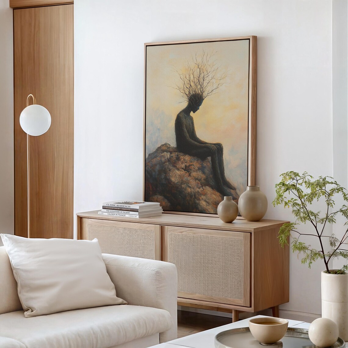 Tree Man On Cliff At Sunset, Surreal Oil Painting - Image 5