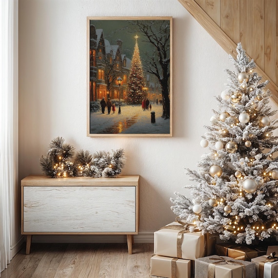 Victorian Christmas Street With Glowing Tree Snow Scene Poster