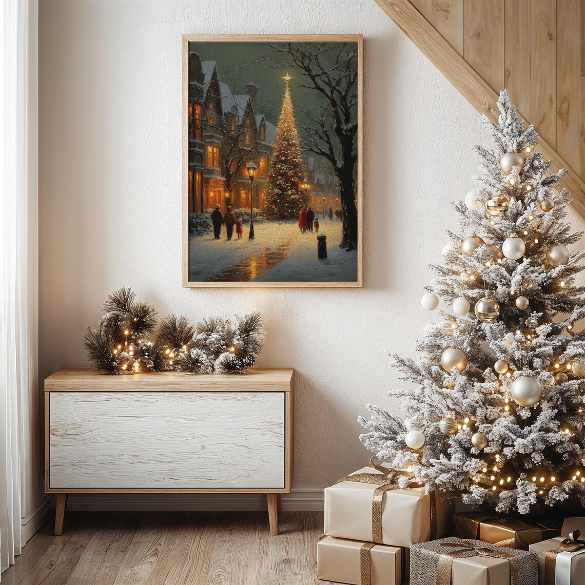 Victorian Christmas Street With Glowing Tree Snow Scene Poster