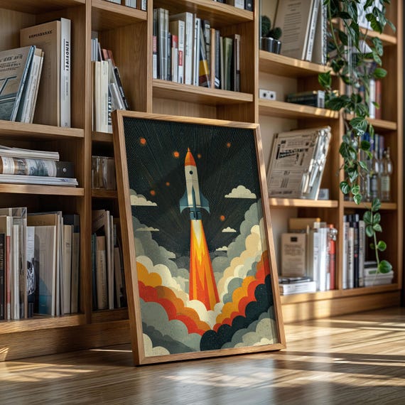 Retro Rocket Ship Canvas Wall Art Vintage Space Exploration Poster With Bold Colors Midcentury Modern Scifi Astronaut Home Dcor