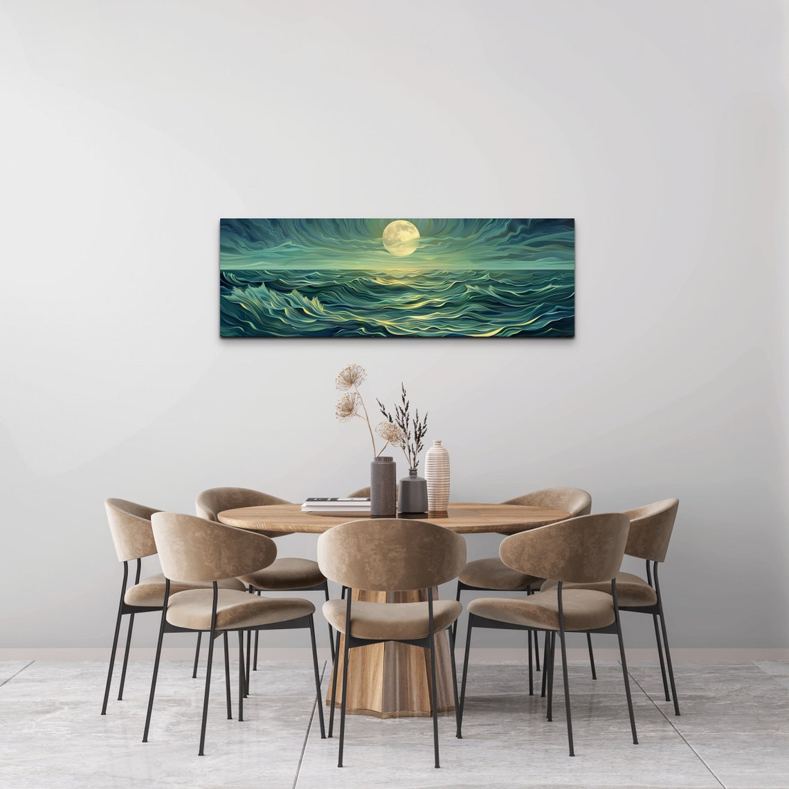 Glowing Full Moon Over Teal Waves Stylized Night Ocean Poster - Image 7