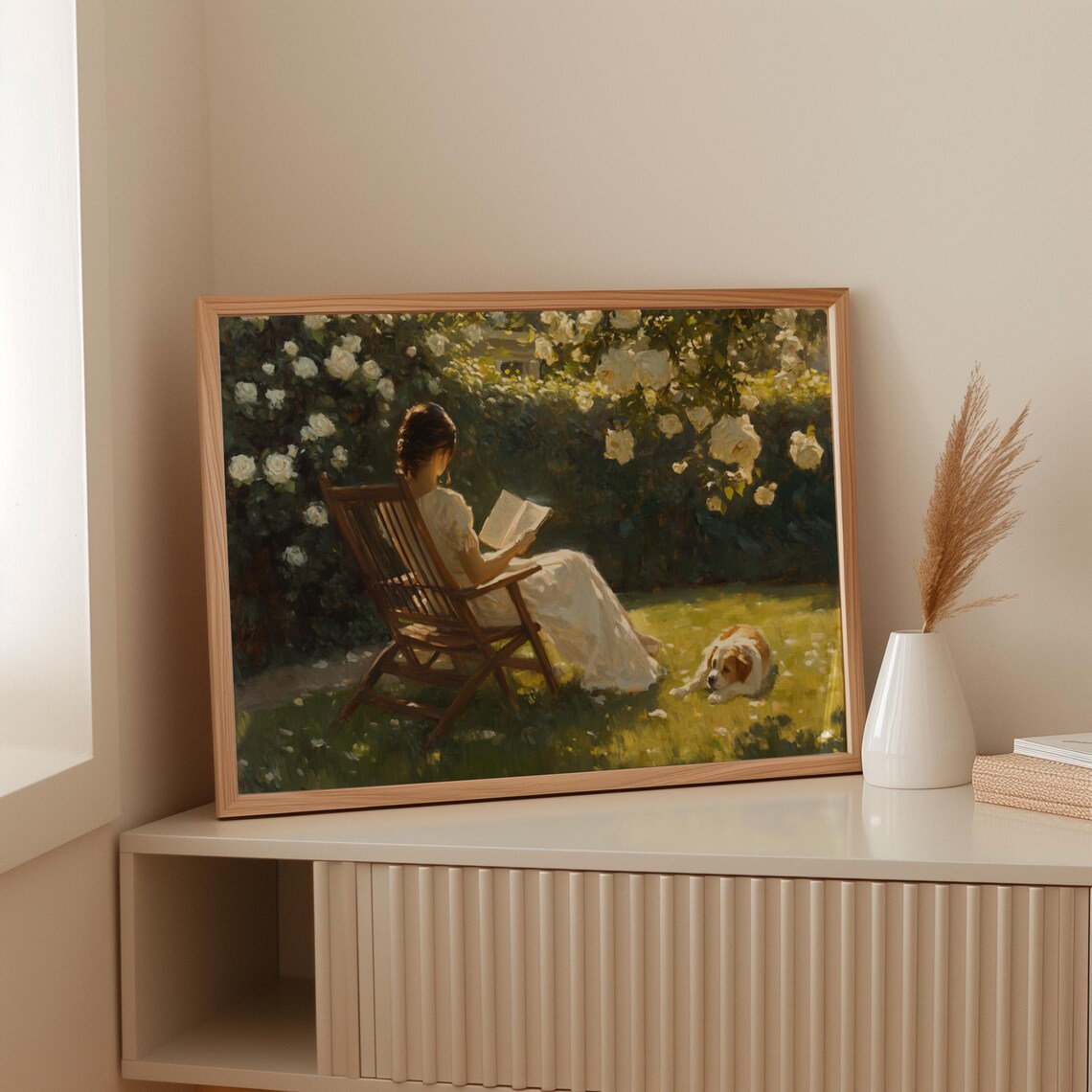 Woman Reading In A Sunny Rose Garden With Dog Painting Poster - Image 3