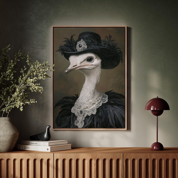 Victorian Ostrich Wall Art In Elegant Hat And Lace Gothic Animal Portrait Canvas For Dark Decor Or Eclectic Vintage Gallery Walls