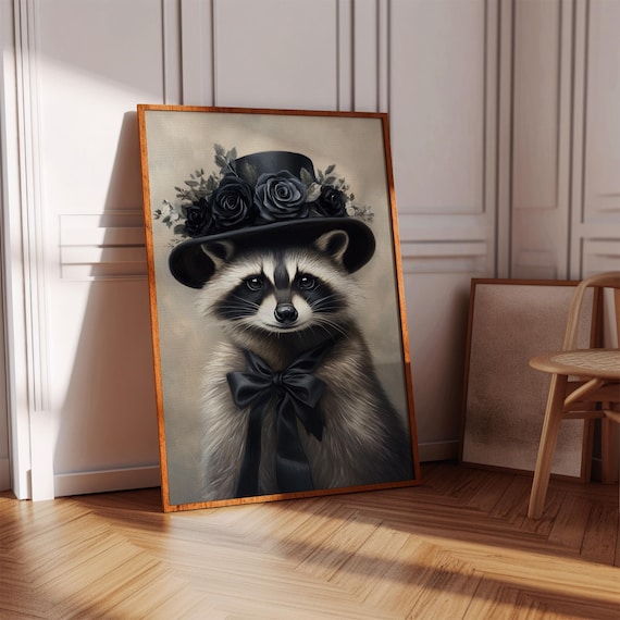 Cute Raccoon In Top Hat With Black Roses Bow Tie Whimsical Portrait Poster