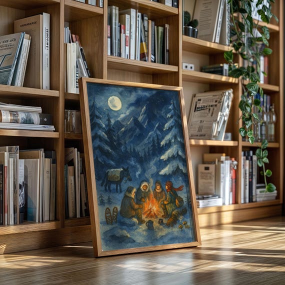 Winter Campfire Canvas Art Cozy Mountain Scene With Friends Donkey Snowy Pines Under Moonlight Vintage Watercolor Style